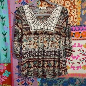 Unity World Browns/Blue/White Nylon Boho Blouse with Crochet Neck Size Small